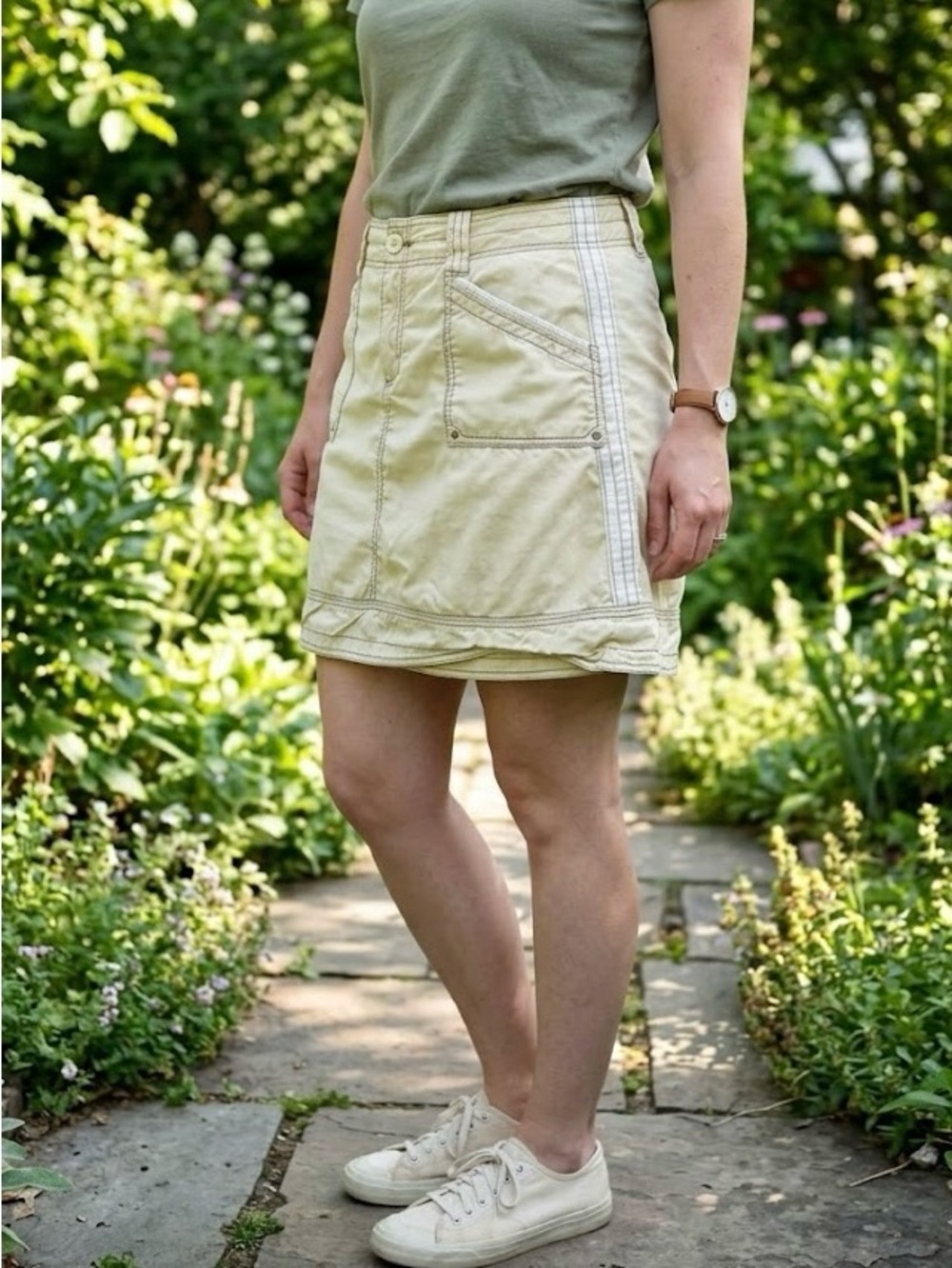 Aventura Organic 100% Cotton Khaki Utility Cargo Mini Skirt Contrast Stitch Boho